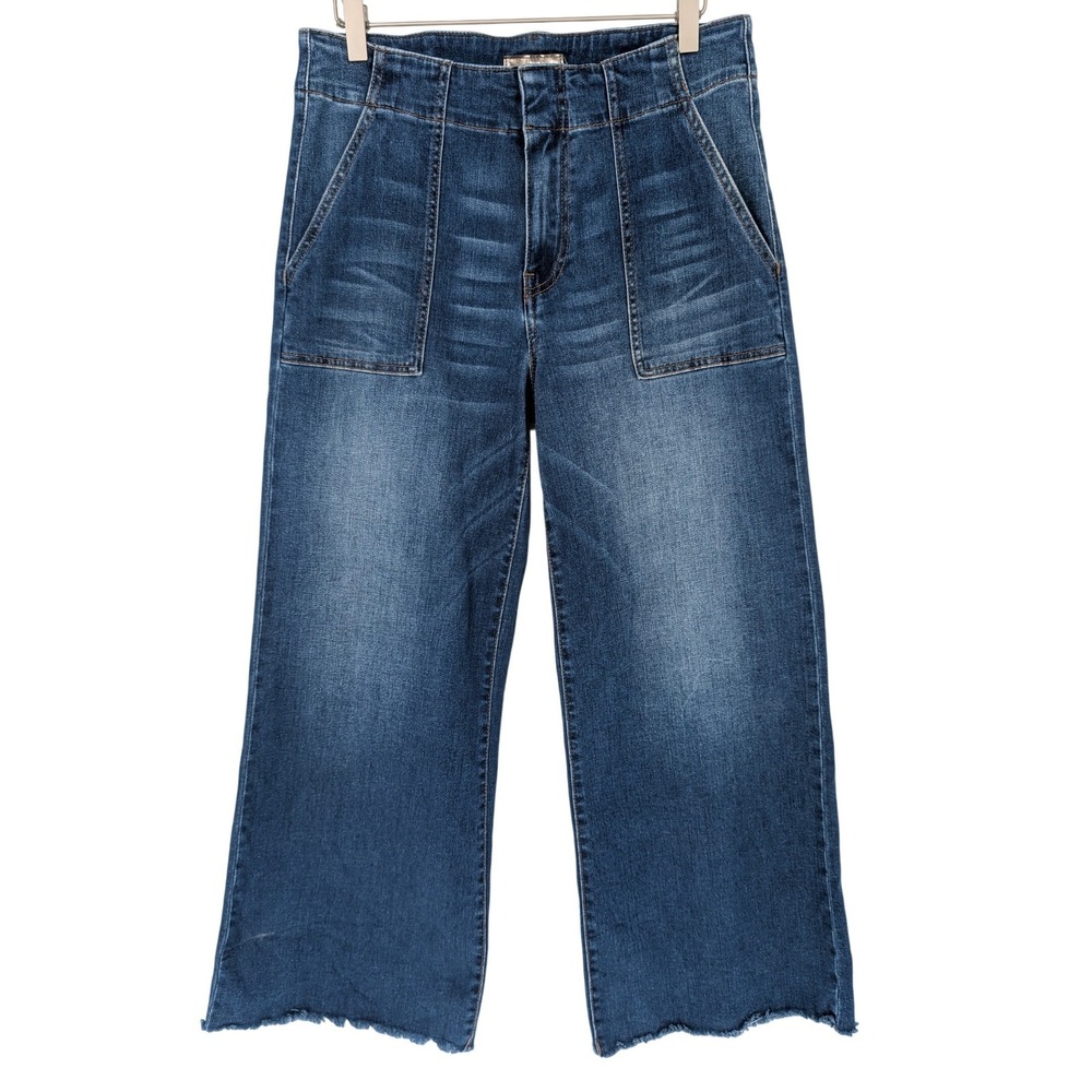 KUT from the Kloth Meg Fab Ab Wide Leg Jeans 8 Blue High Rise Raw Hem Boho Chic